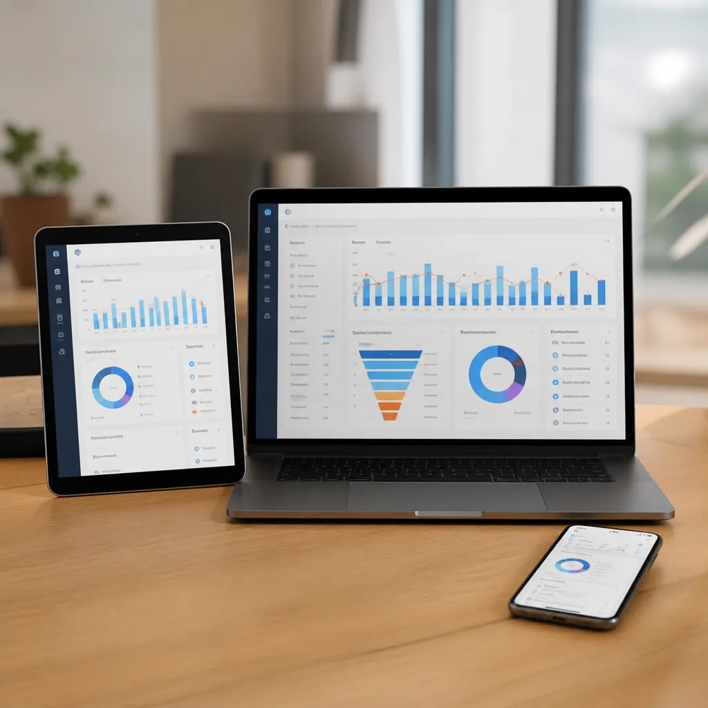 Notebook, tablet e celular mostrando o mesmo painel de CRM com funil de vendas e gráficos