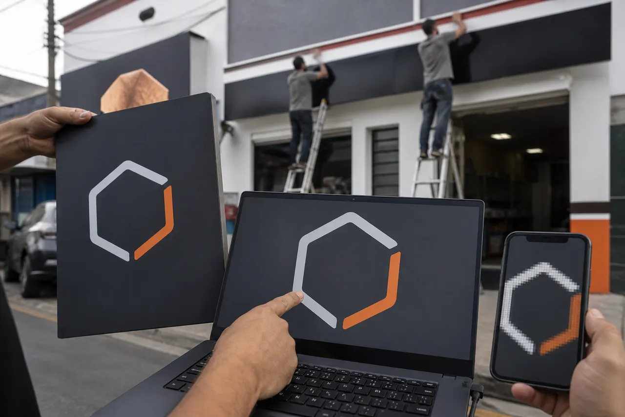 Comparação prática de logo em vetor nítido no notebook e logo pixelado no celular antes de produzir fachada e placa