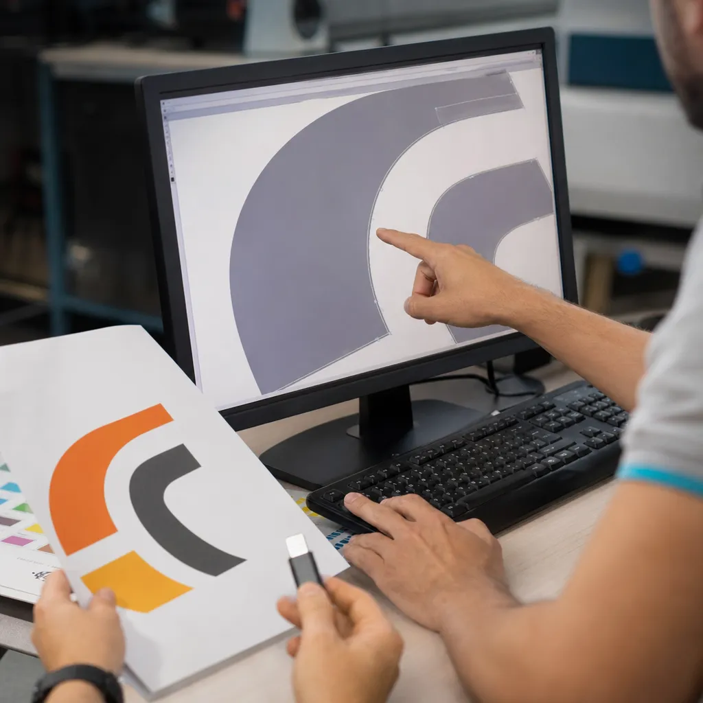 Operador de gráfica conferindo logo em vetor ampliado na tela para evitar perda de qualidade na impressão