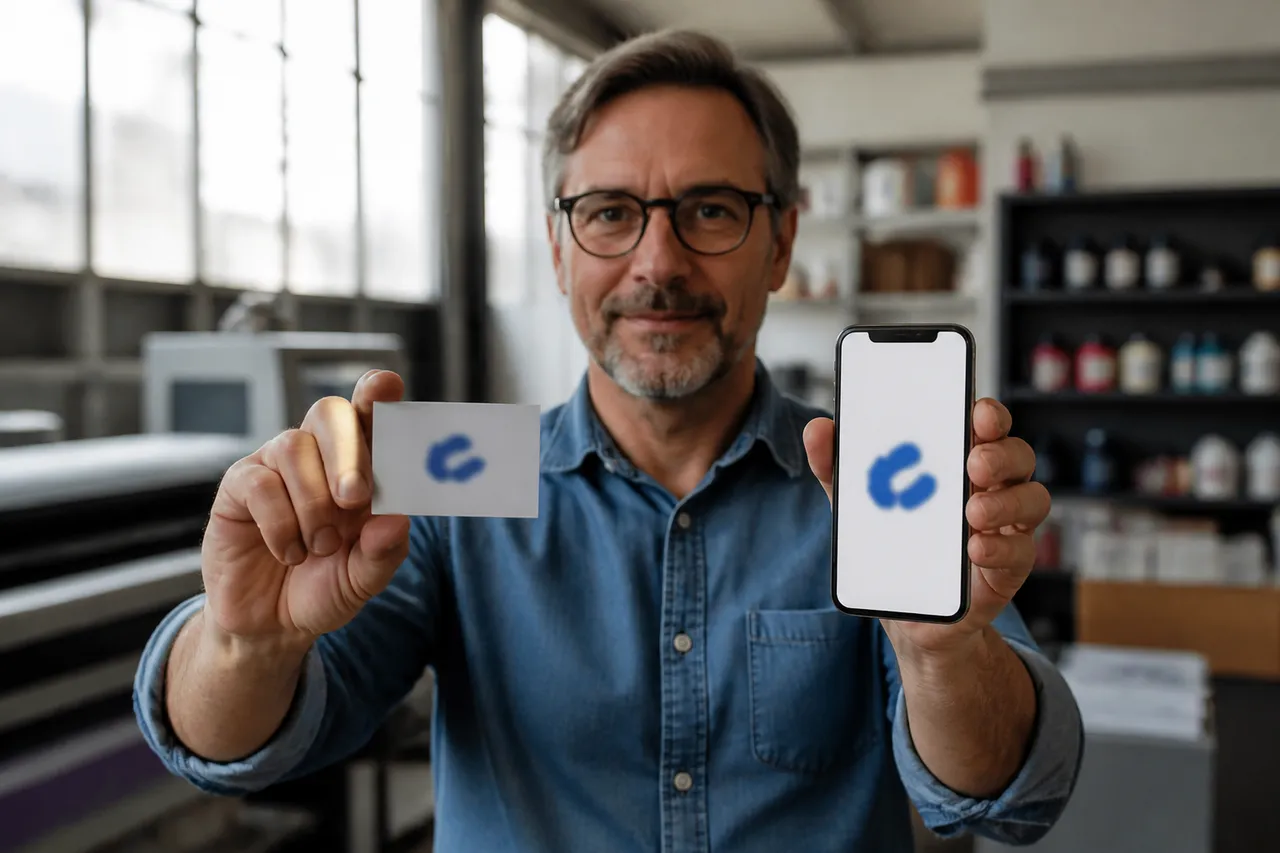 Comparação entre tela e impresso mostrando como a cor do logo muda na impressão
