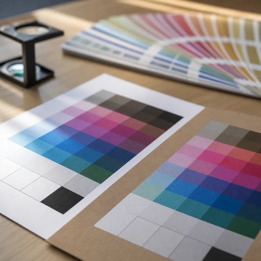 Amostras impressas em CMYK em papéis diferentes e referência de cores para padronizar a cor do logo na impressão
