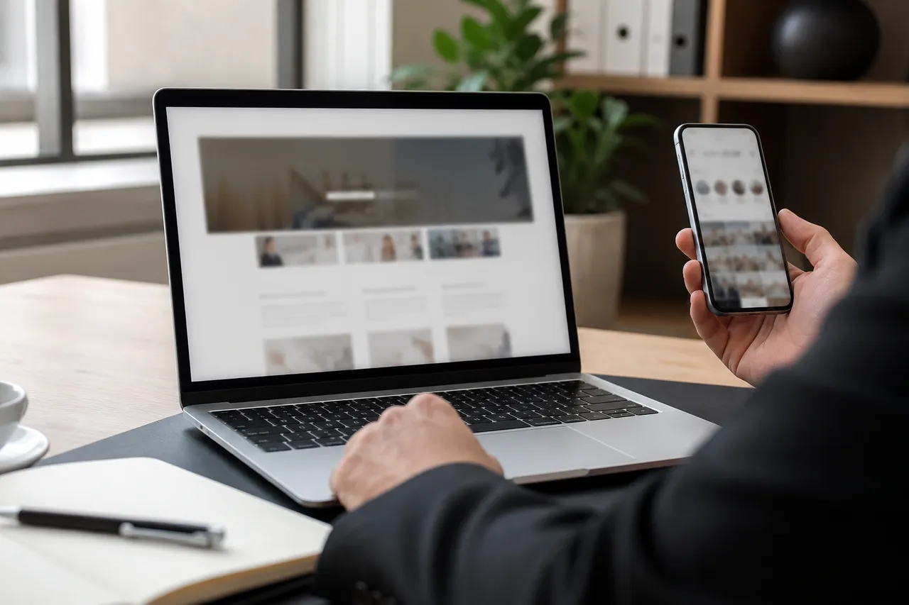 Dono de empresa comparando um site para passar credibilidade no notebook e um perfil do Instagram no celular antes de pedir orçamento.