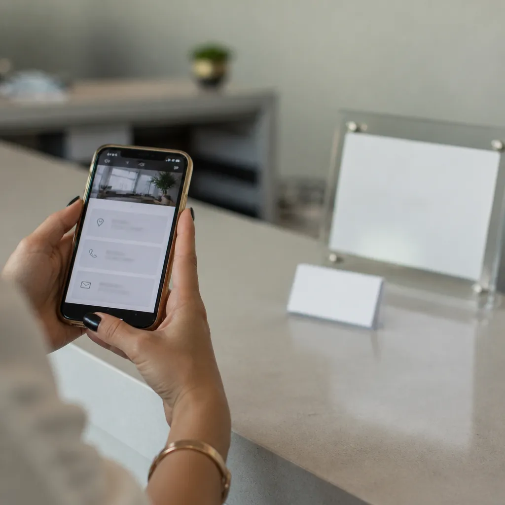 Cliente consultando no celular a página de contato de um site para passar credibilidade antes de solicitar orçamento.