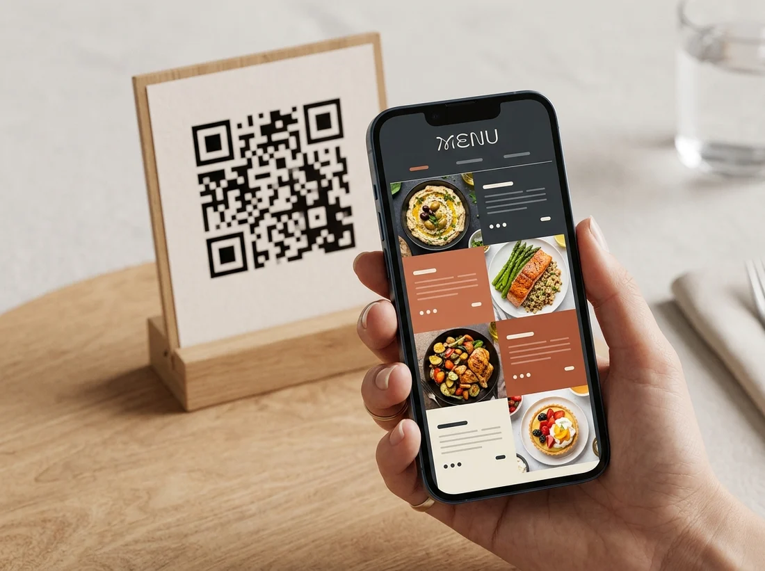 Ilustração de cardápio digital no celular aberto pelo QR code da mesa