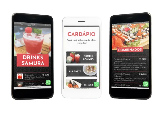 Cardápio digital exibido em celulares