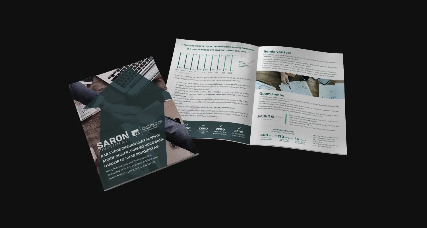 Projeto editorial da Buffo Design sobre fundo escuro