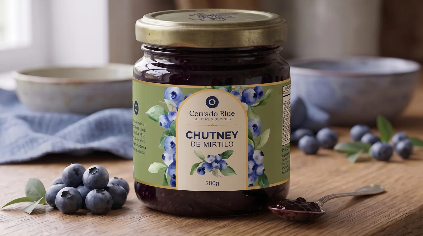Pote de chutney de mirtilo com a nova identidade