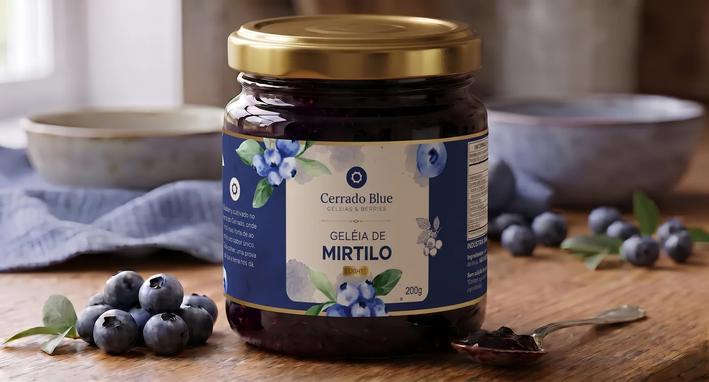 Pote de geleia de mirtilo light com a nova identidade