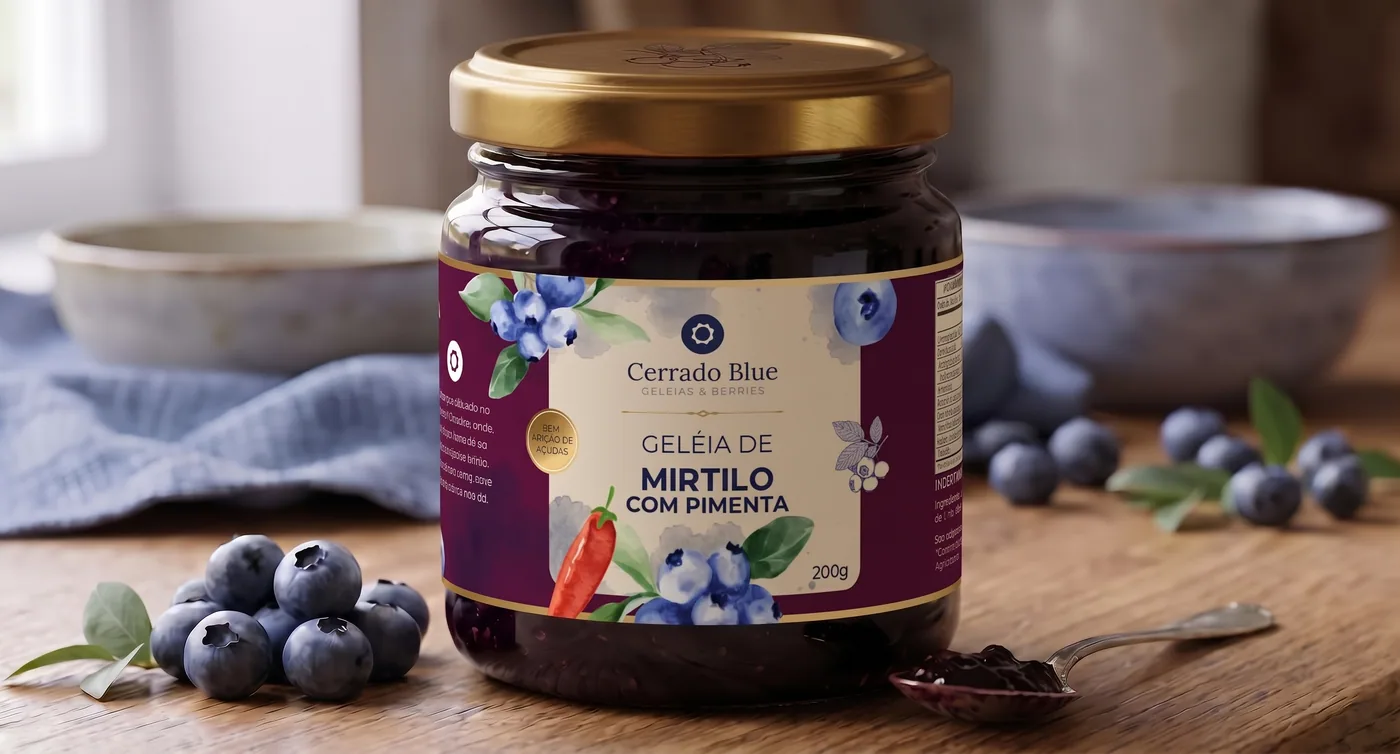 Pote de geleia de mirtilo com pimenta com a nova identidade