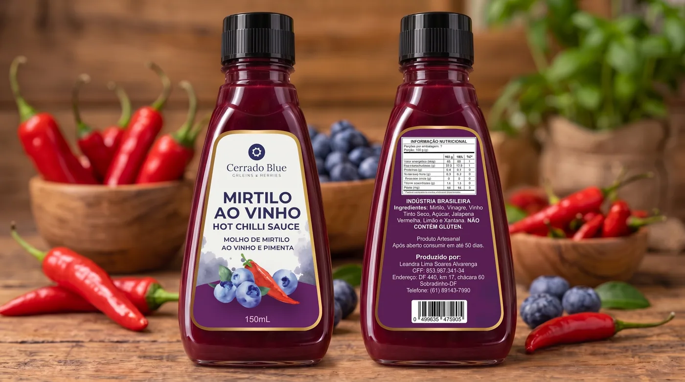 Garrafas do molho mirtilo ao vinho com a nova identidade
