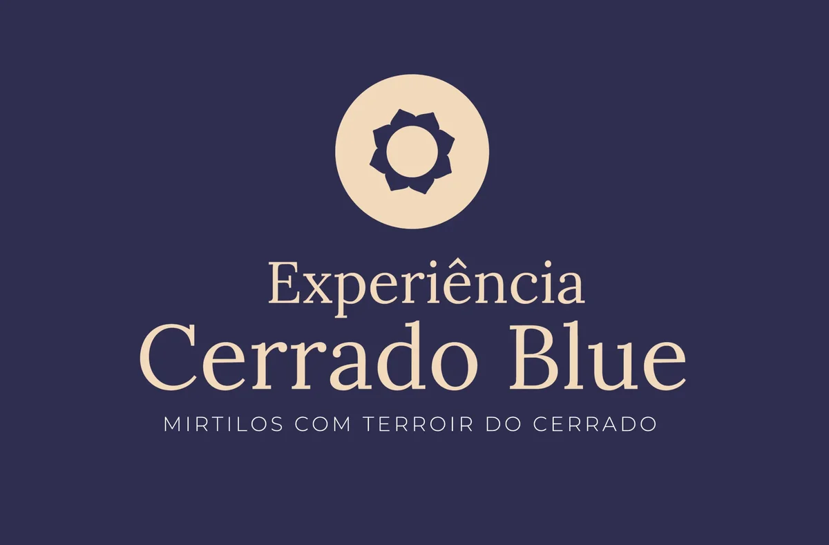 Assinatura Experiência Cerrado Blue em areia sobre navy, com a tagline Mirtilos com terroir do Cerrado