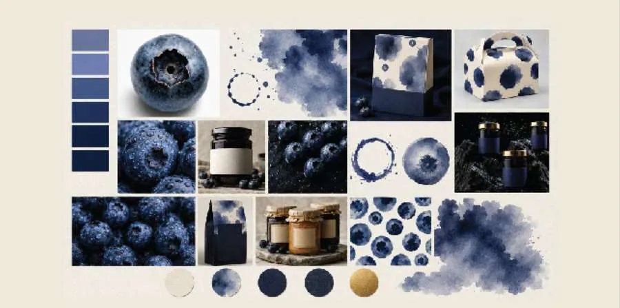 Moodboard da identidade Cerrado Blue: mirtilos, manchas em aquarela azul, potes e paleta navy, areia e dourado