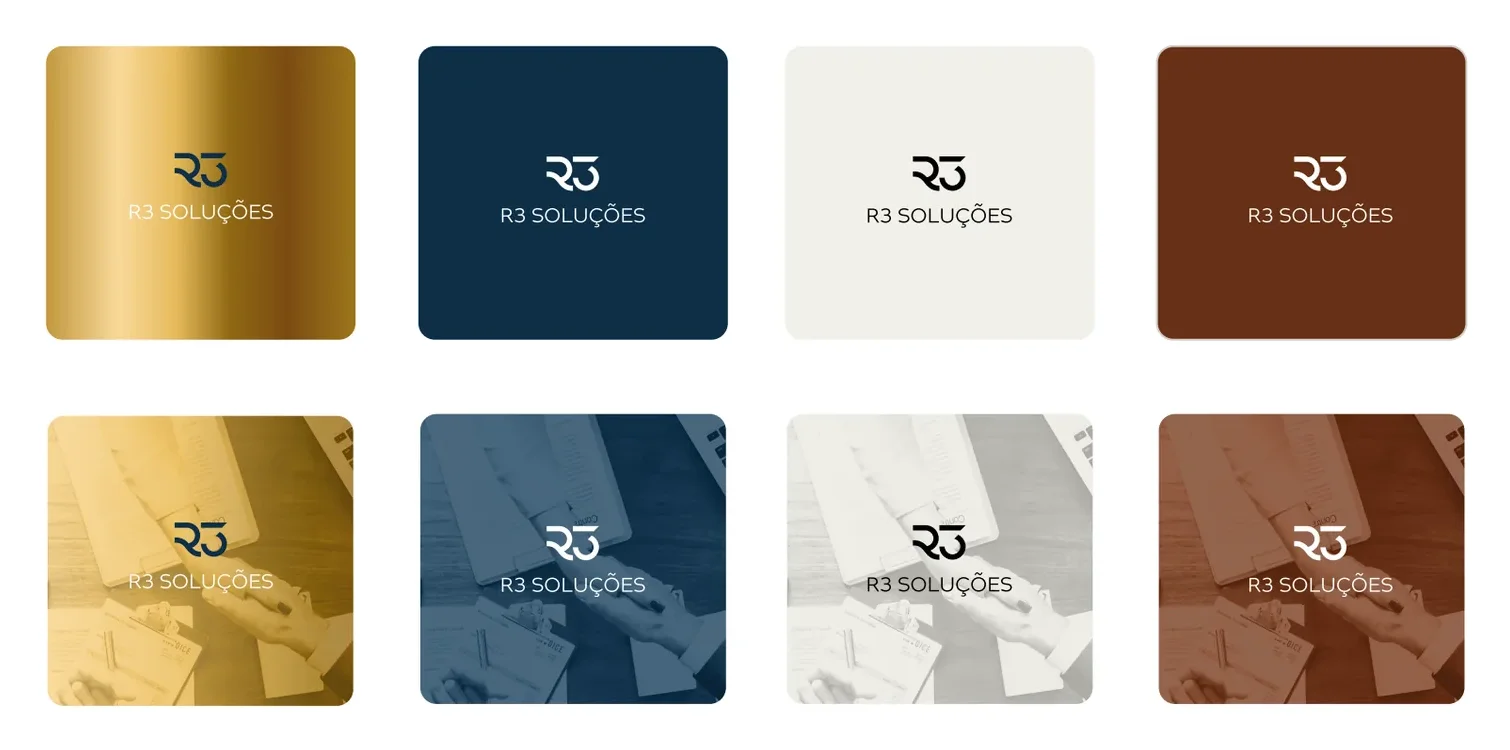Logo da R3 Soluções aplicada em fundos dourado, azul, claro e marrom