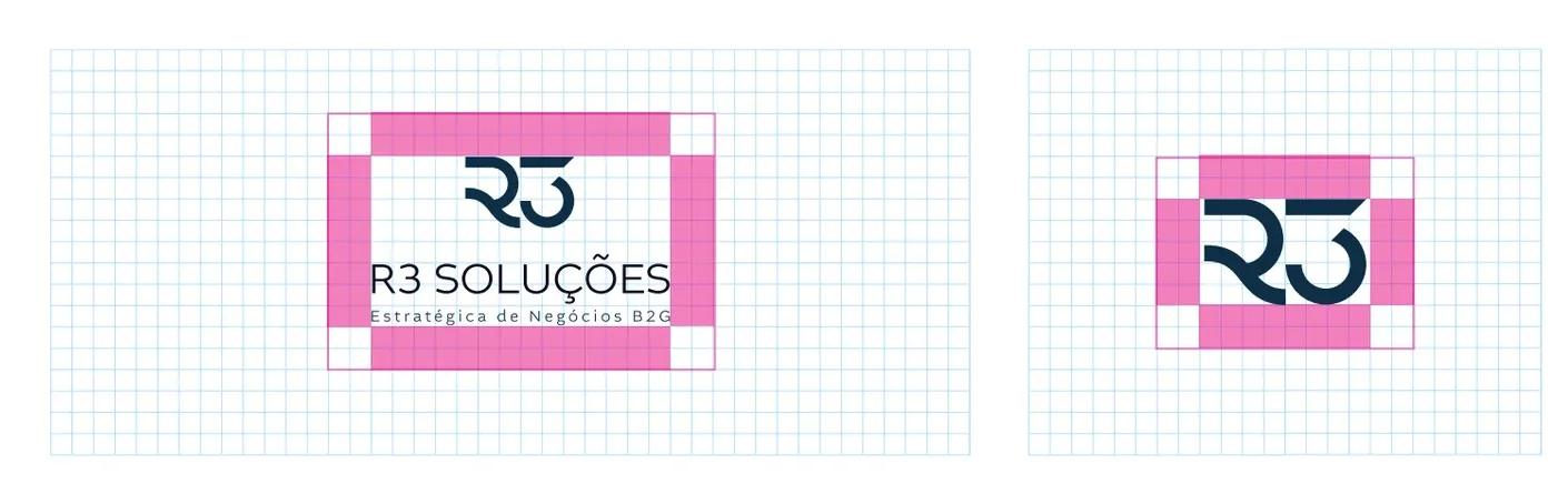 Grid de construção e área de segurança da logo R3 Soluções