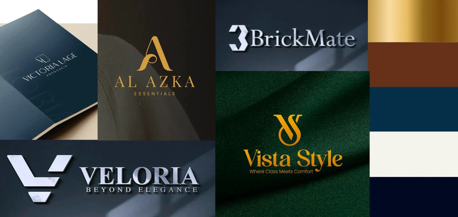Moodboard da R3 Soluções: marcas premium em dourado, azul-marinho e verde, e paleta dourado, marrom, azul-petróleo, off-white e azul-noite