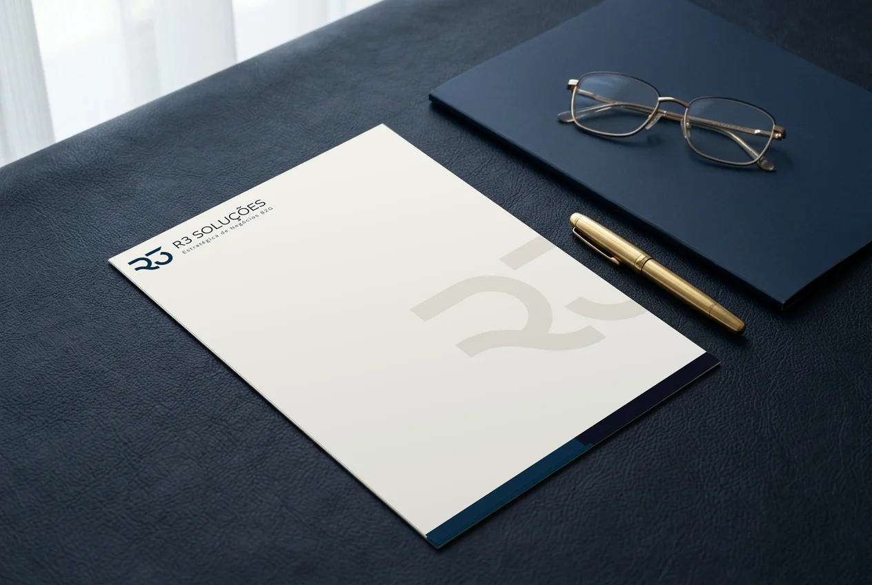 Papel timbrado da R3 Soluções sobre a mesa, com pasta, caneta dourada e óculos