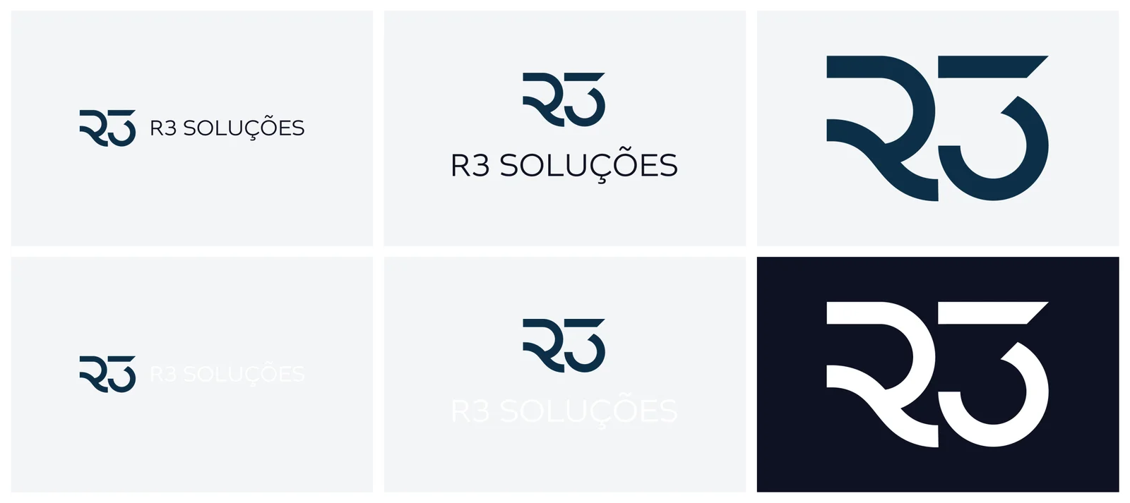 Versões da marca R3 Soluções: horizontal, vertical e símbolo, em positivo e negativo