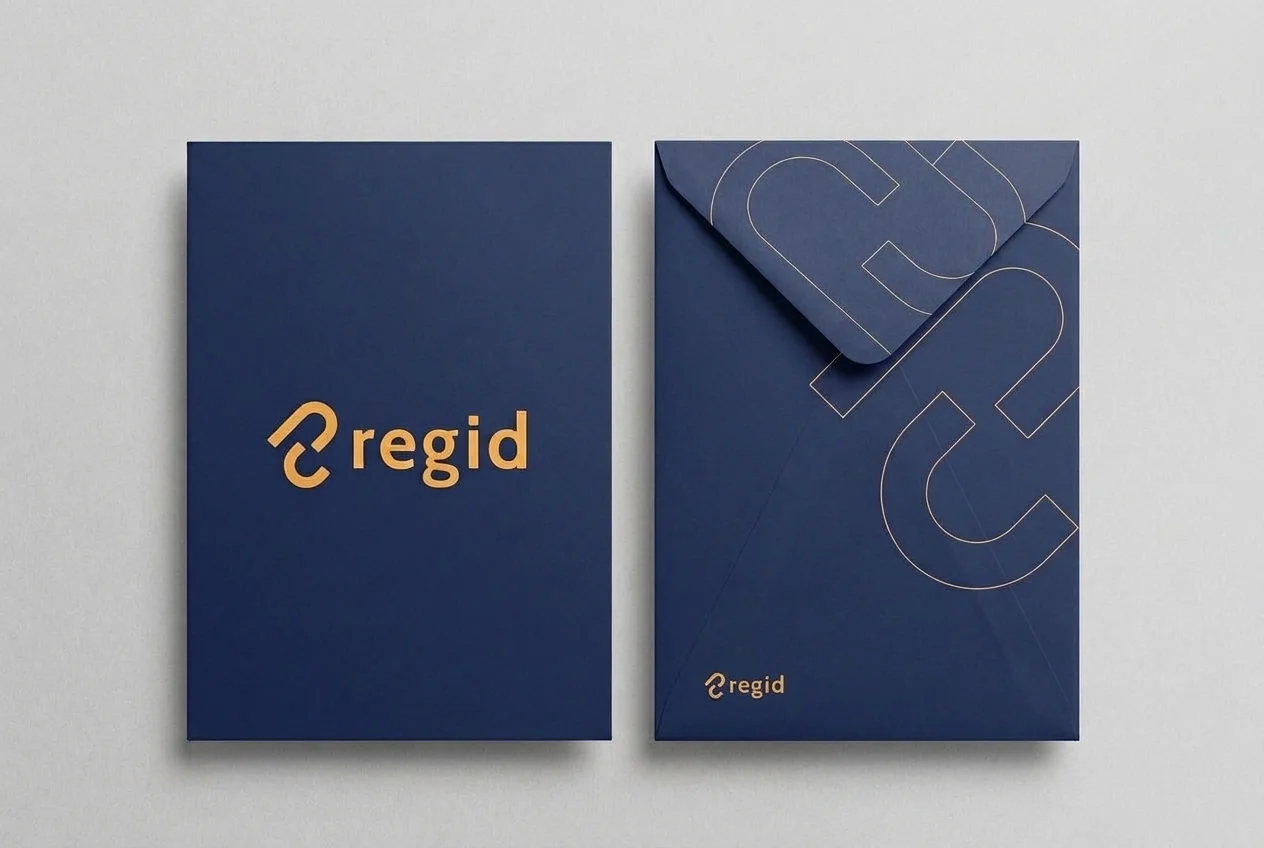 Envelopes da Regid, frente e verso, em azul-marinho