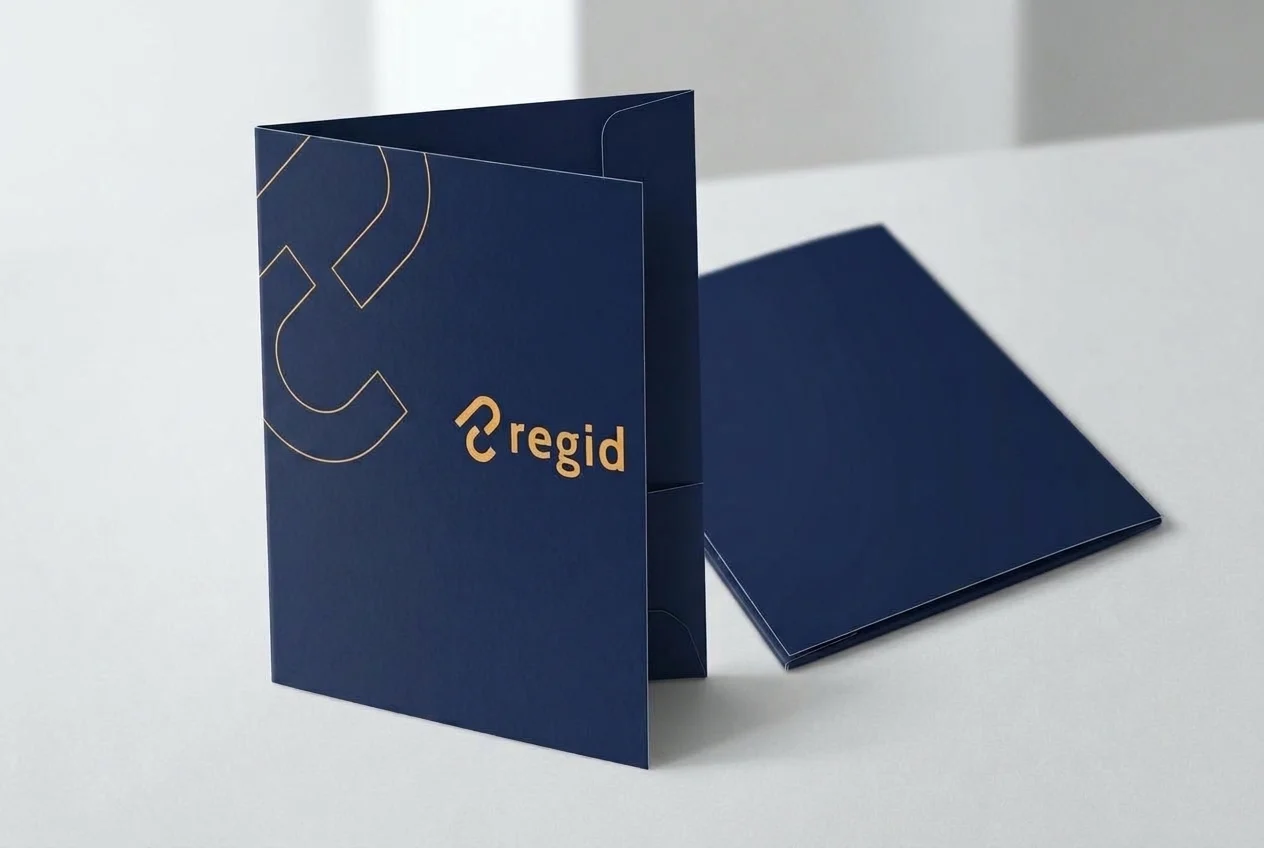 Pasta da Regid em azul-marinho com a logo e o grafismo em laranja