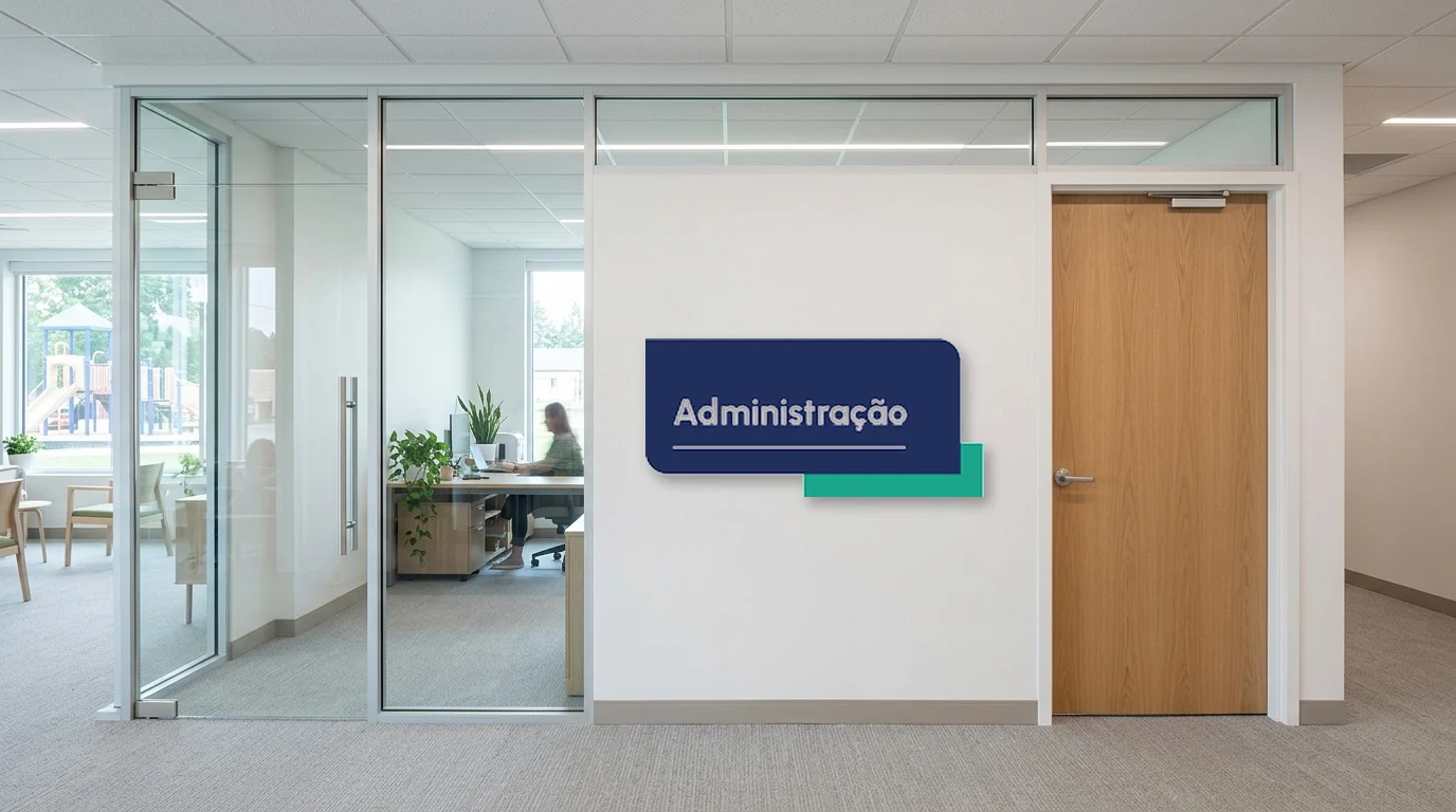 Placa da Administração entre a sala envidraçada e a porta