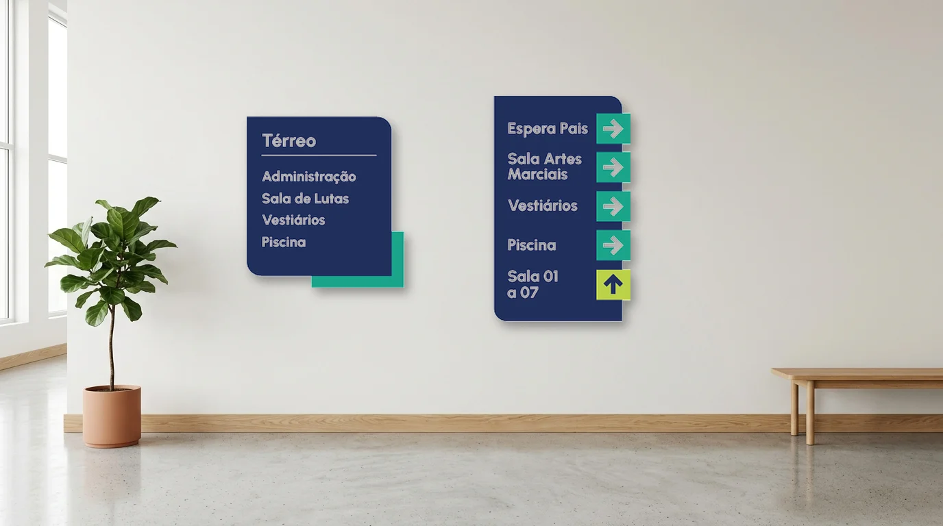 Placas de sinalização da UP! no térreo: diretório e direcional para Espera Pais, Sala de Artes Marciais, Vestiários, Piscina e salas