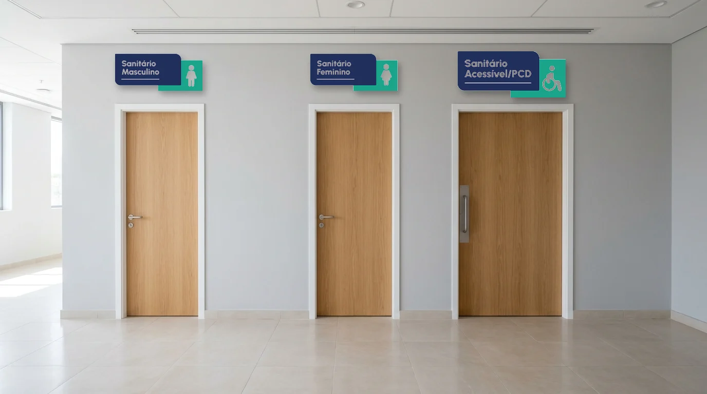 Placas dos sanitários masculino, feminino e acessível/PCD