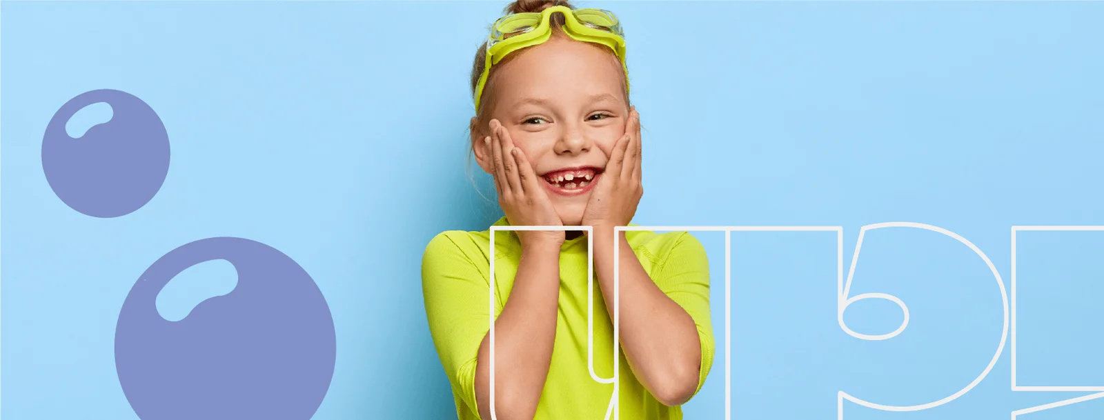 Banner da UP! com criança sorrindo, bolhas e a logo em contorno