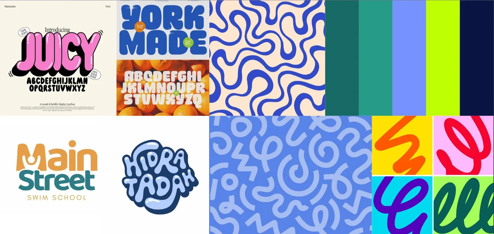 Moodboard da UP!: tipografias arredondadas, padrões de linhas orgânicas e paleta azul, verde e limão