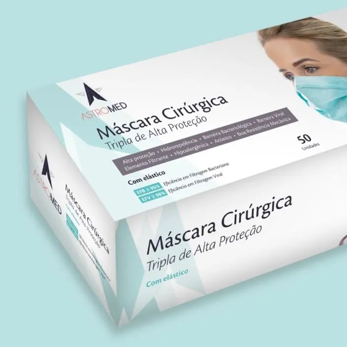 ASTROMED – Máscara cirúrgica — projeto de Embalagens da Buffo Design