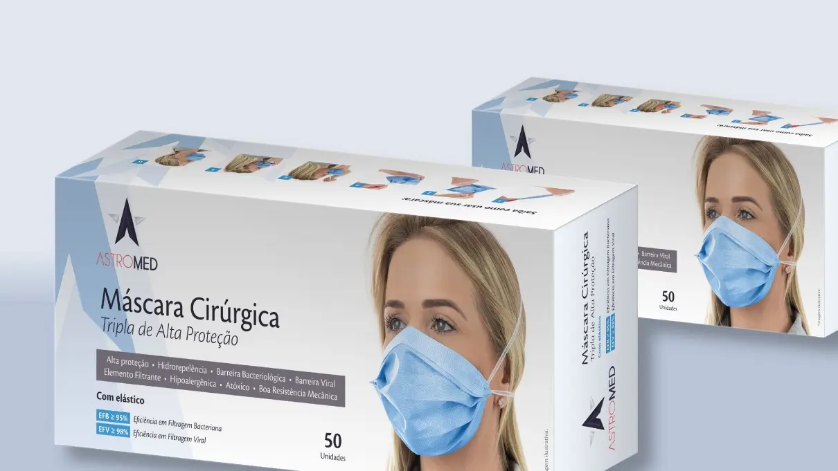 Astromed – caixa de máscara cirúrgica – frente com foto de uso