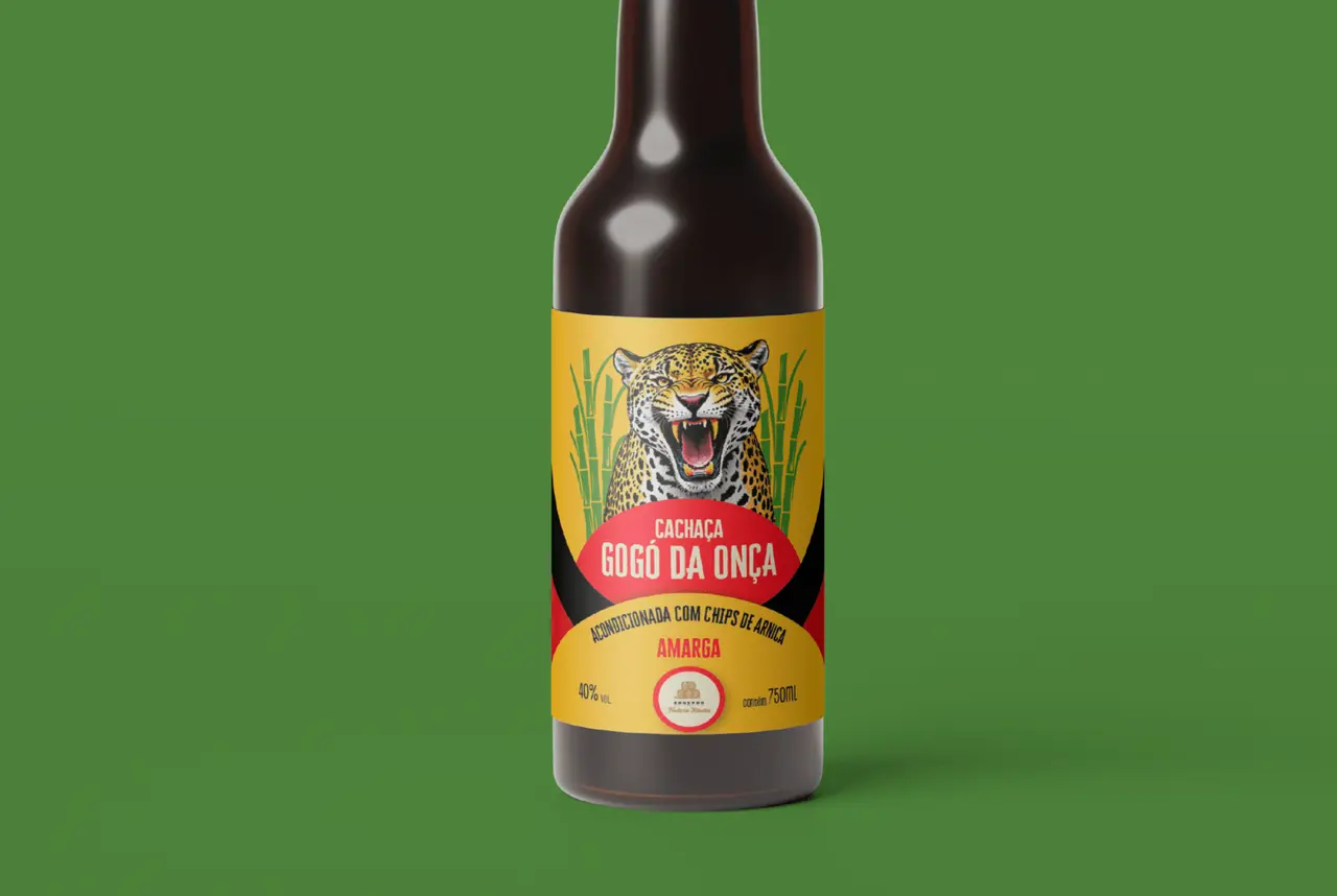 Cachaça Gogó da Onça – rótulo – garrafa com a ilustração da onça