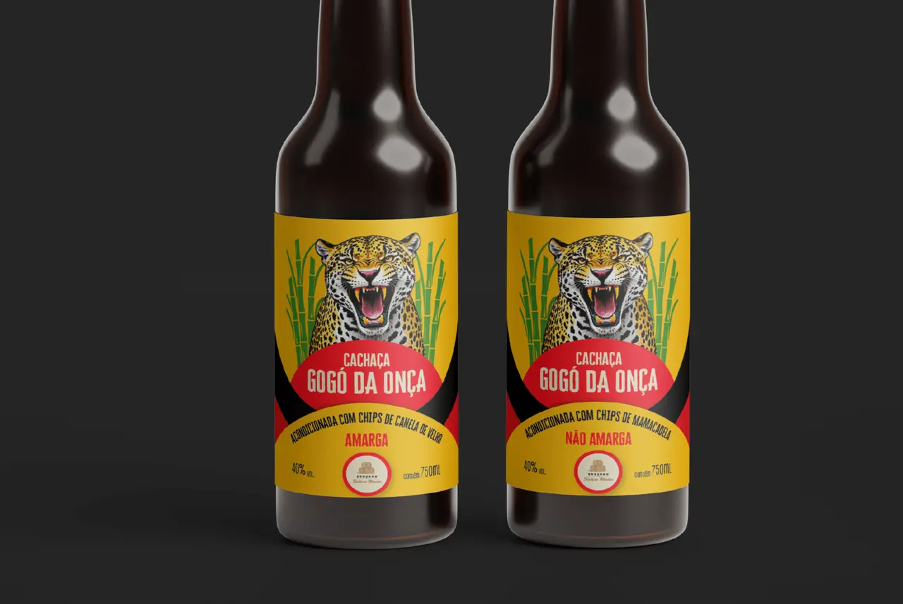 Cachaça Gogó da Onça – rótulos – versões Amarga e Não Amarga