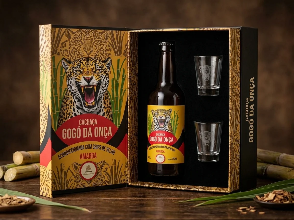 Cachaça Gogó da Onça – caixa de presente – garrafa e dois copos no berço preto