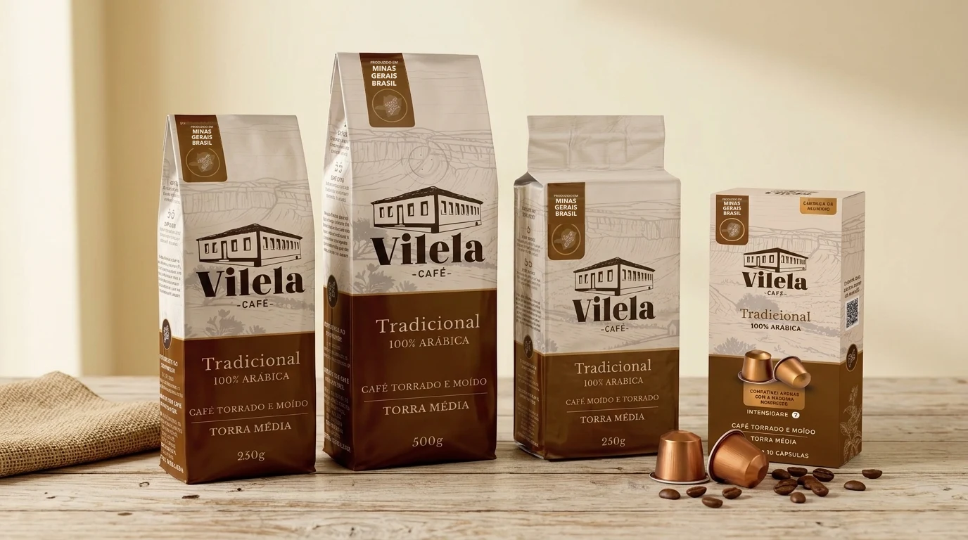 Linha Café Vilela Tradicional: pacotes de 250 g e 500 g, embalagem a vácuo e cápsulas