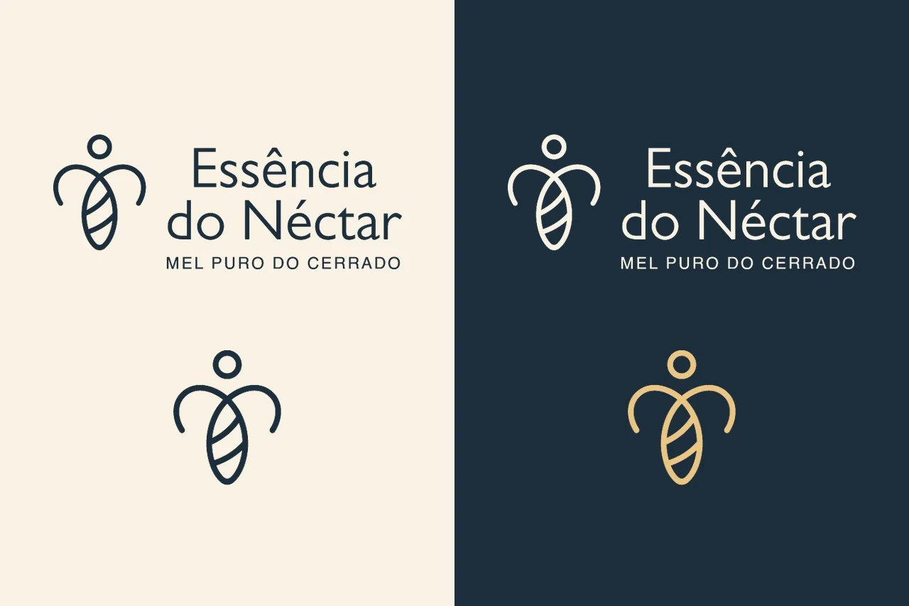 Essência do Néctar – logotipo e símbolo – versões sobre creme e azul-marinho