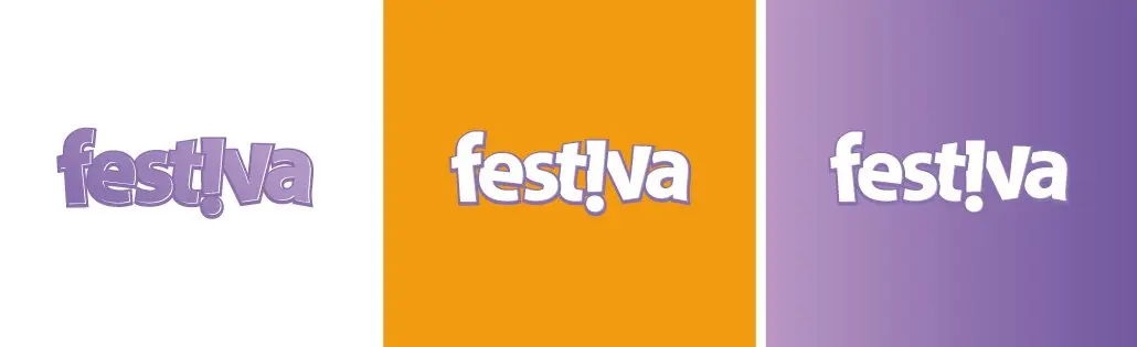 Festiva – logotipo – versões sobre branco, laranja e lilás