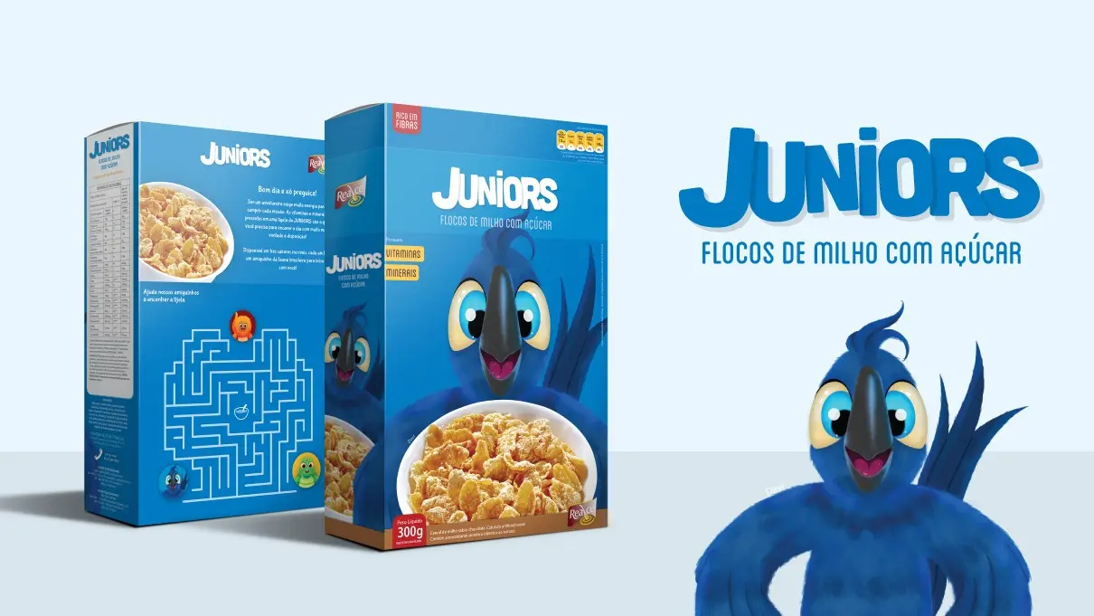 Caixa de flocos de milho com açúcar Juniors e mascote