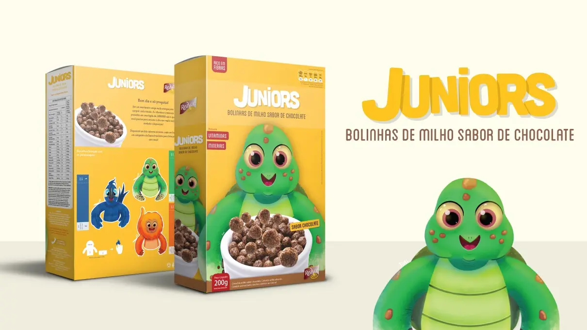 Caixa de bolinhas de milho sabor chocolate Juniors e mascote
