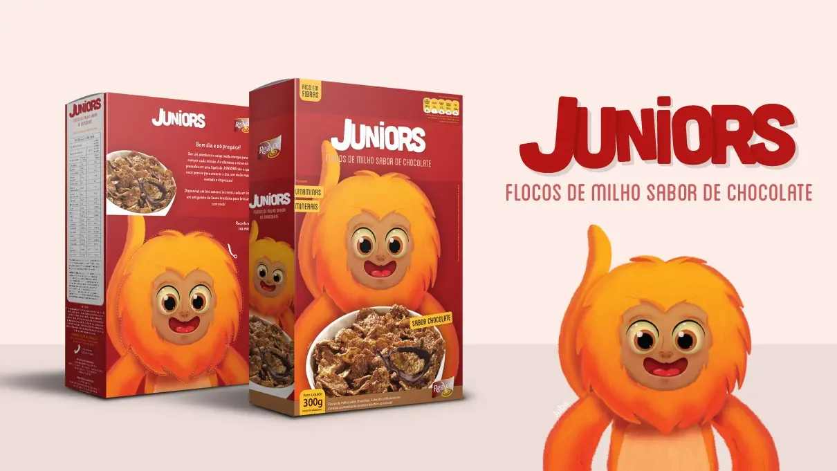Caixa de flocos de milho sabor chocolate Juniors e mascote
