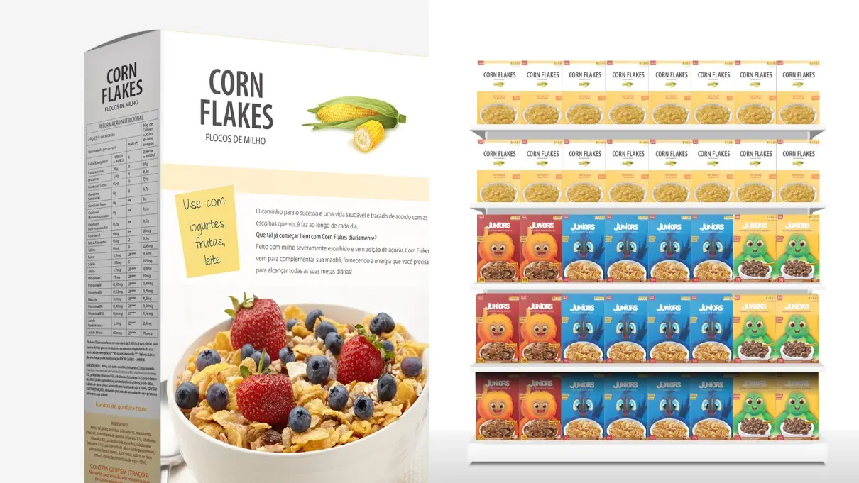 Caixas de cereal Juniors expostas na gôndola
