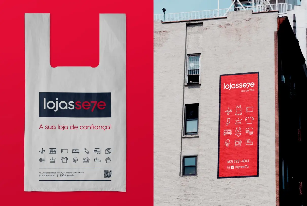 Lojas Se7e – sacola plástica e painel de fachada
