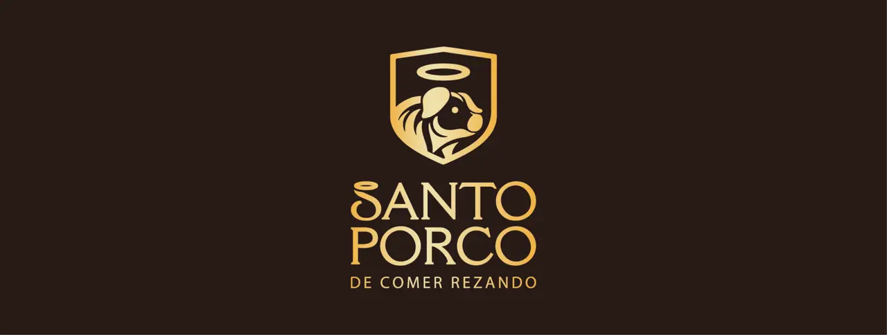 Santo Porco – logotipo – versão dourada sobre marrom, De comer rezando