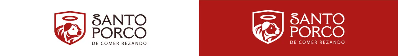 Santo Porco – logotipo – versões sobre branco e vermelho