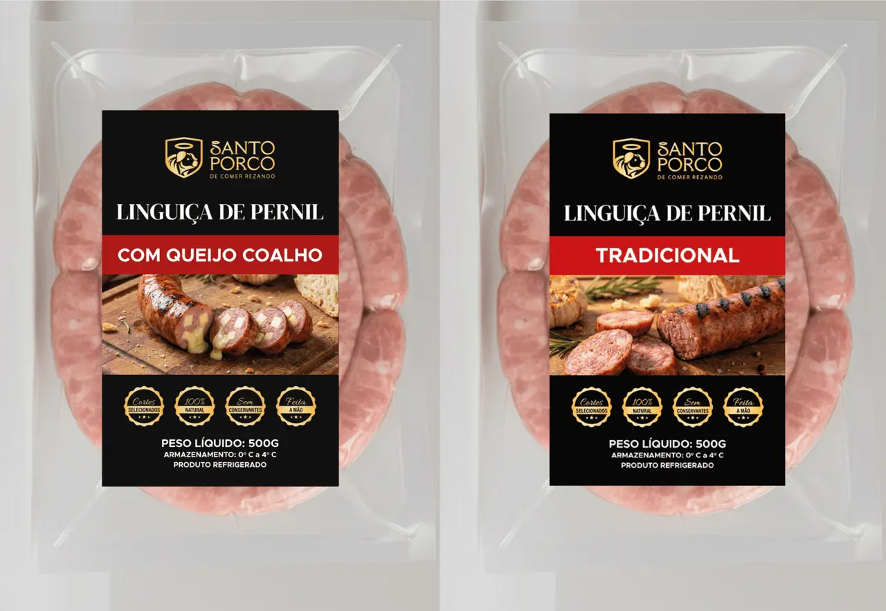 Santo Porco – embalagens de linguiça de pernil com queijo coalho e tradicional