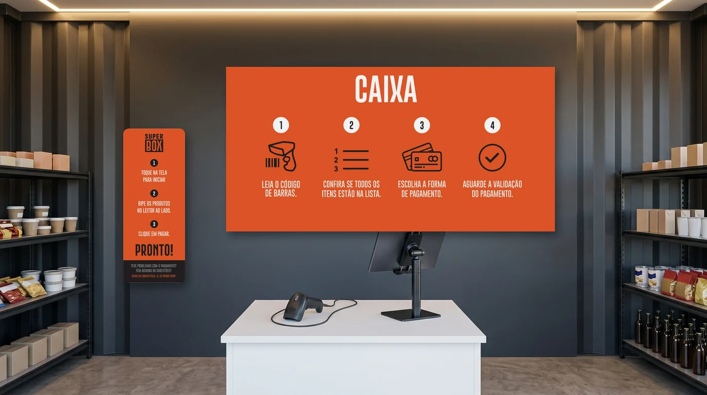 Painel do caixa de autoatendimento do Super Box com as instruções de pagamento