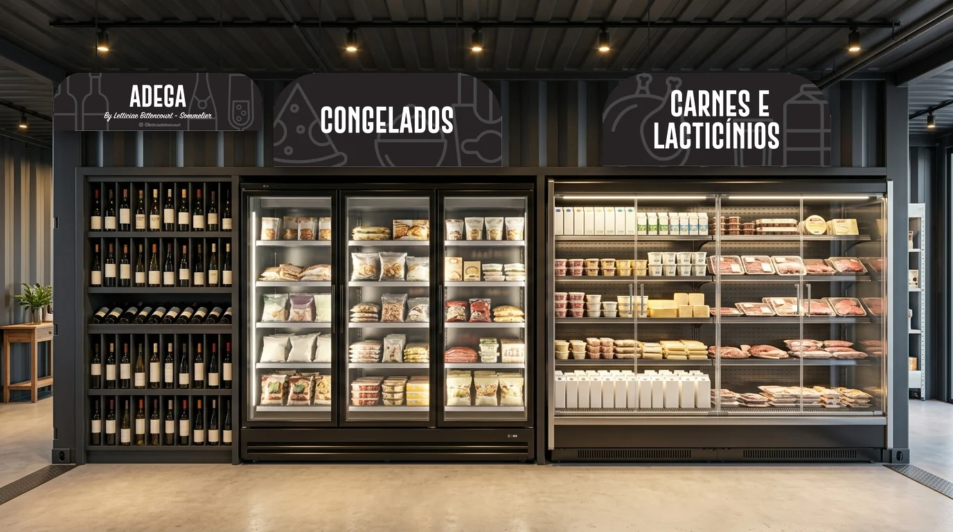 Placas aéreas de seção do Super Box: Adega, Congelados e Carnes e Laticínios