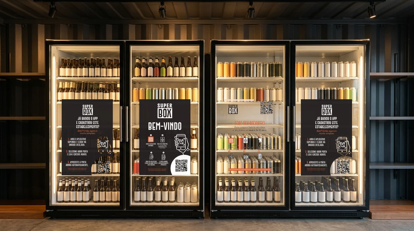 Cartazes do Super Box nas portas das geladeiras: cadastro e acesso pelo aplicativo