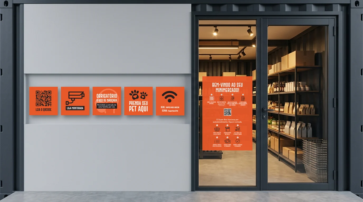 Placas de serviço do Super Box (QR code, loja monitorada, máscara, pet, Wi-Fi) e adesivo de boas-vindas na porta