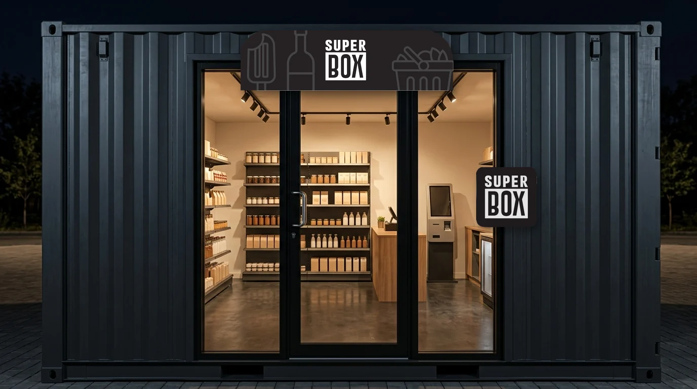 Fachada do Super Box à noite com a placa e o selo da marca