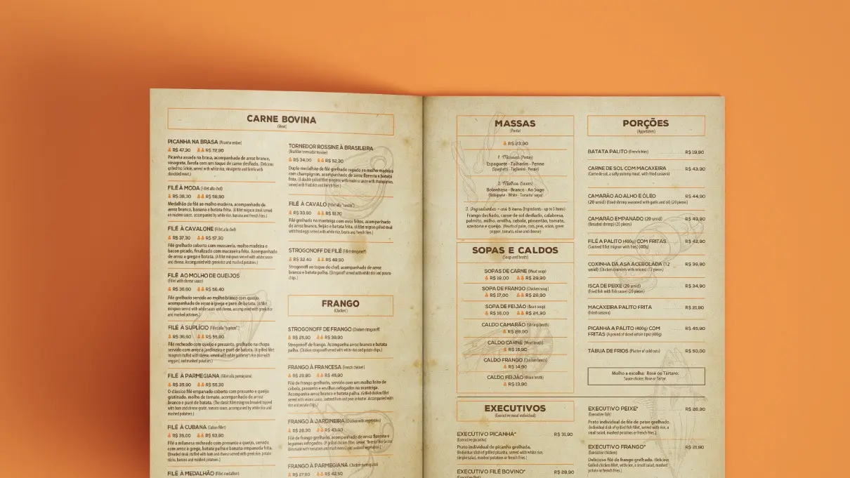 Varanda's – cardápio – páginas de carnes, massas, porções e pratos